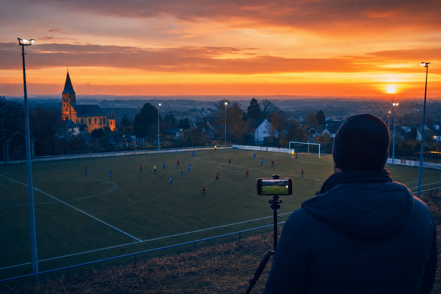 Un coach filme un match de football amateur au coucher du soleil avec un iPhone sur trépied, vu de dos