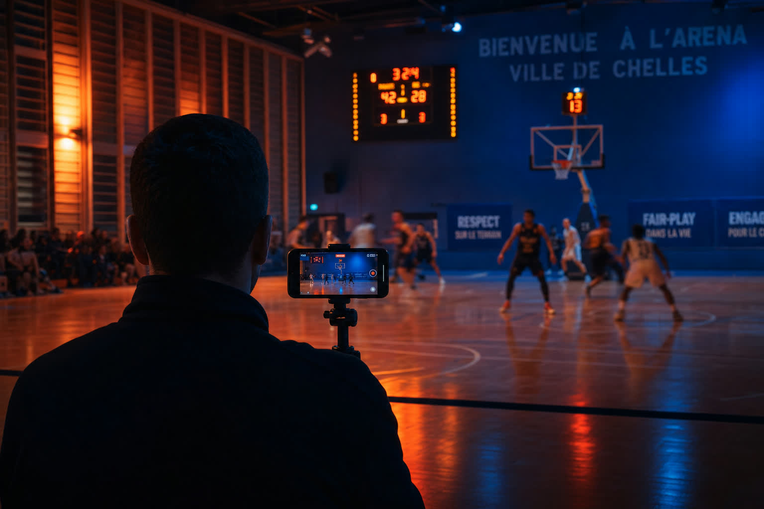 Un coach filme un match de basket amateur avec un iPhone monté sur trépied, vu de dos